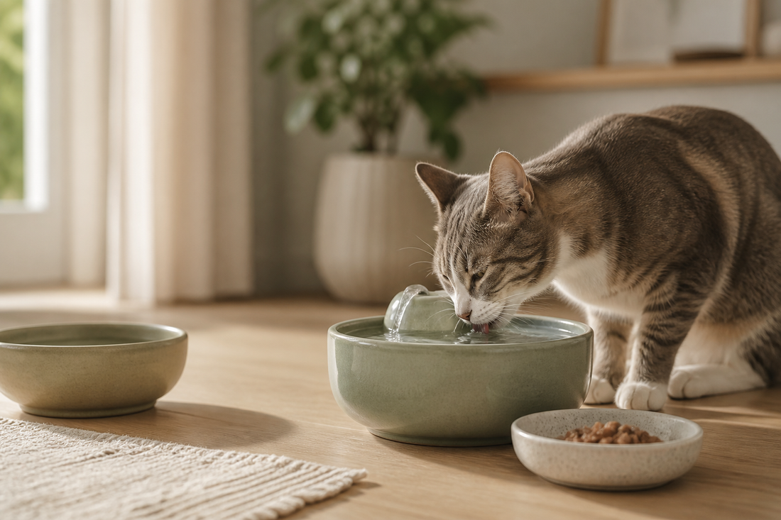 Chat tigré buvant dans une fontaine à eau en céramique verte, avec gamelle d’eau et alimentation humide